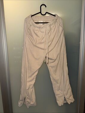 Men's Cream Corduroy Drawstring Joggers with Ankle Zips